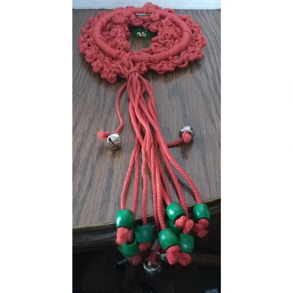 Red Vintage Handmade Crocheted Wreath With Bells